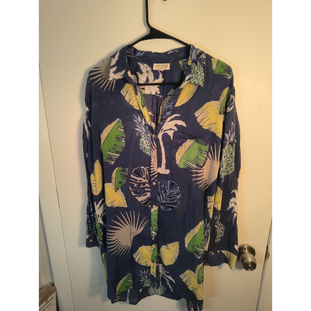 Lara Ethnics Tropical Pineapple Palm Tree Sheer Cotton Resort Button Down Top L